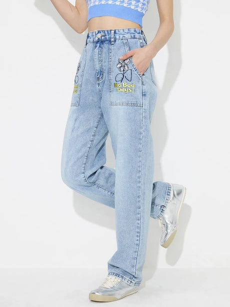 Straight embroidered loose high waisted denim pants - V.I.P Digital Presence