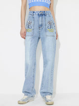 Straight embroidered loose high waisted denim pants - V.I.P Digital Presence