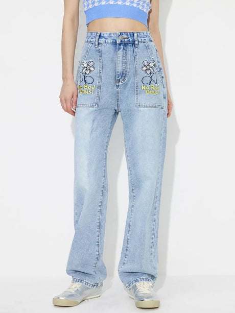 Straight embroidered loose high waisted denim pants - V.I.P Digital Presence