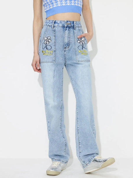 Straight embroidered loose high waisted denim pants - V.I.P Digital Presence