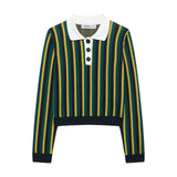 Striped lapel long sleeved casual knit sweater - V.I.P Digital Presence