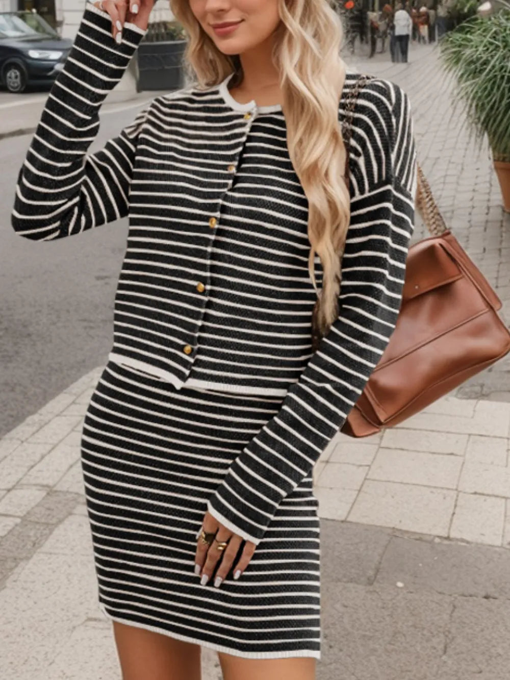 Striped Long Sleeve Top and Skirt Set - V.I.P Digital Presence