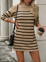 Striped Mock Neck Long Sleeve Mini Dress - V.I.P Digital Presence