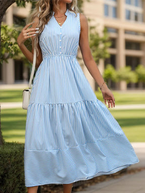 Striped Notched Sleeveless Midi Dress - V.I.P Digital Presence