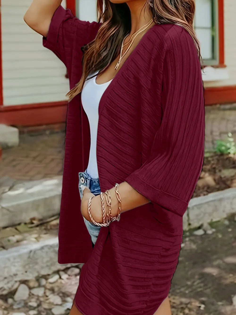 Striped Open Front Knit Cardigan - V.I.P Digital Presence