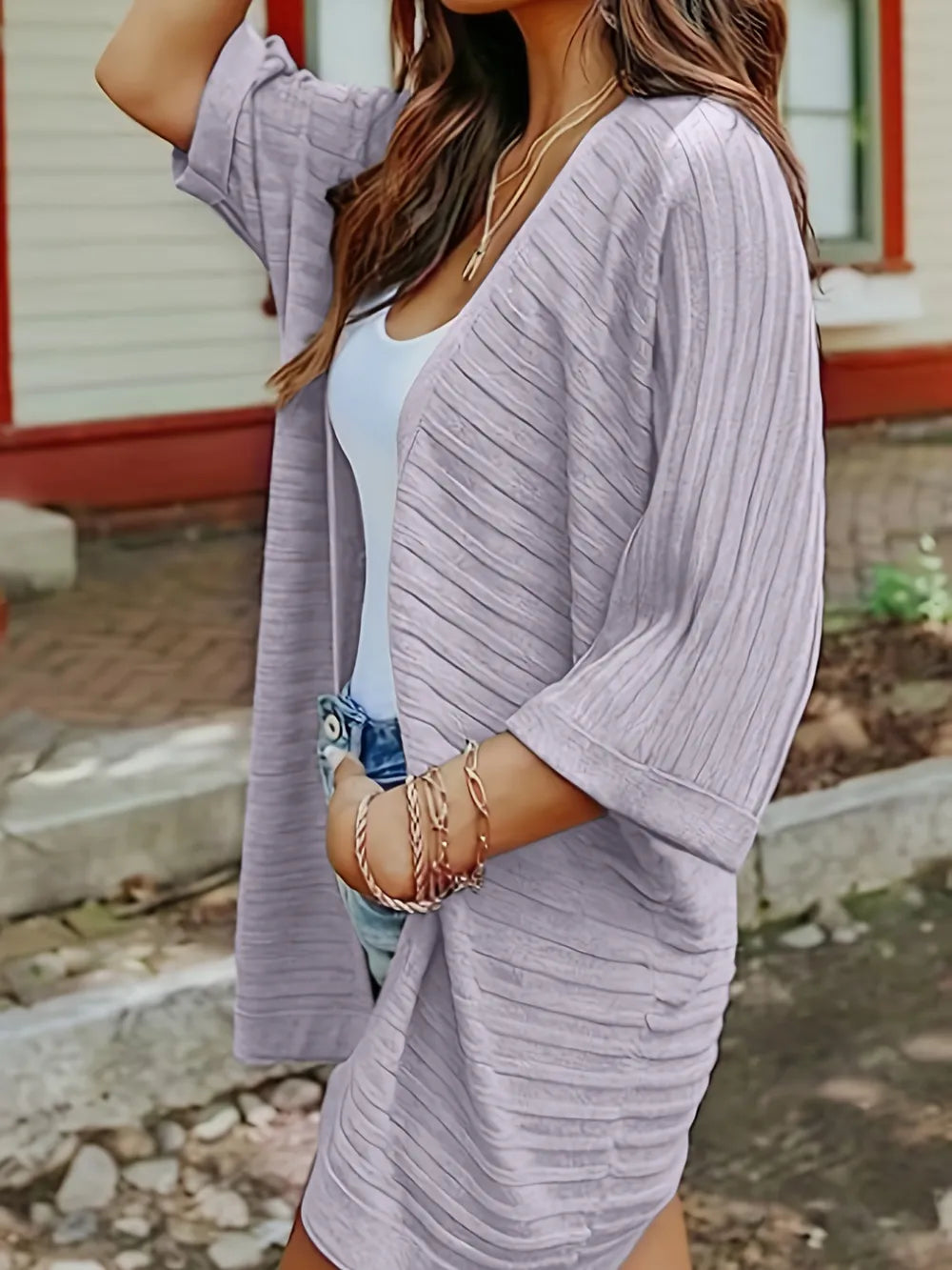 Striped Open Front Knit Cardigan - V.I.P Digital Presence