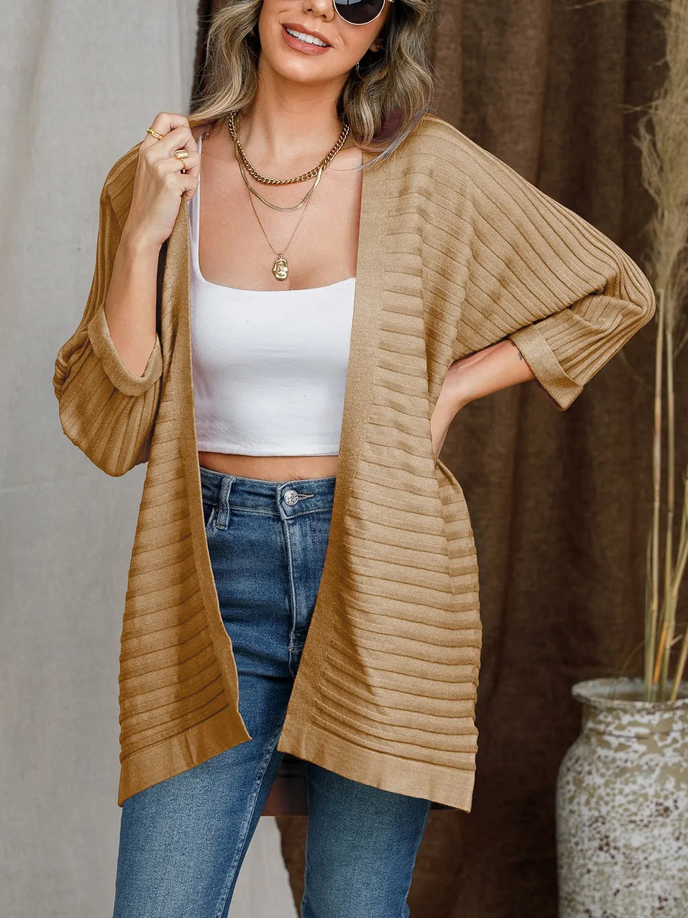Striped Open Front Knit Cardigan - V.I.P Digital Presence