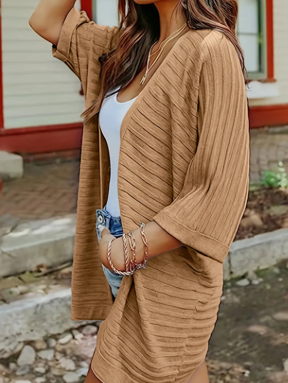 Striped Open Front Knit Cardigan - V.I.P Digital Presence