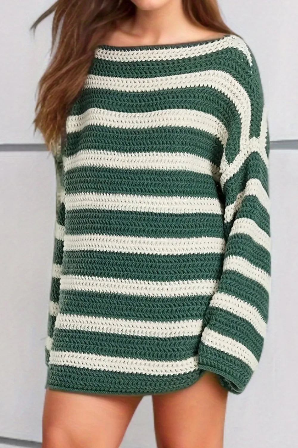 Striped Round Neck Dropped Shoulder Sweater - V.I.P Digital Presence