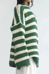 Striped Round Neck Dropped Shoulder Sweater - V.I.P Digital Presence