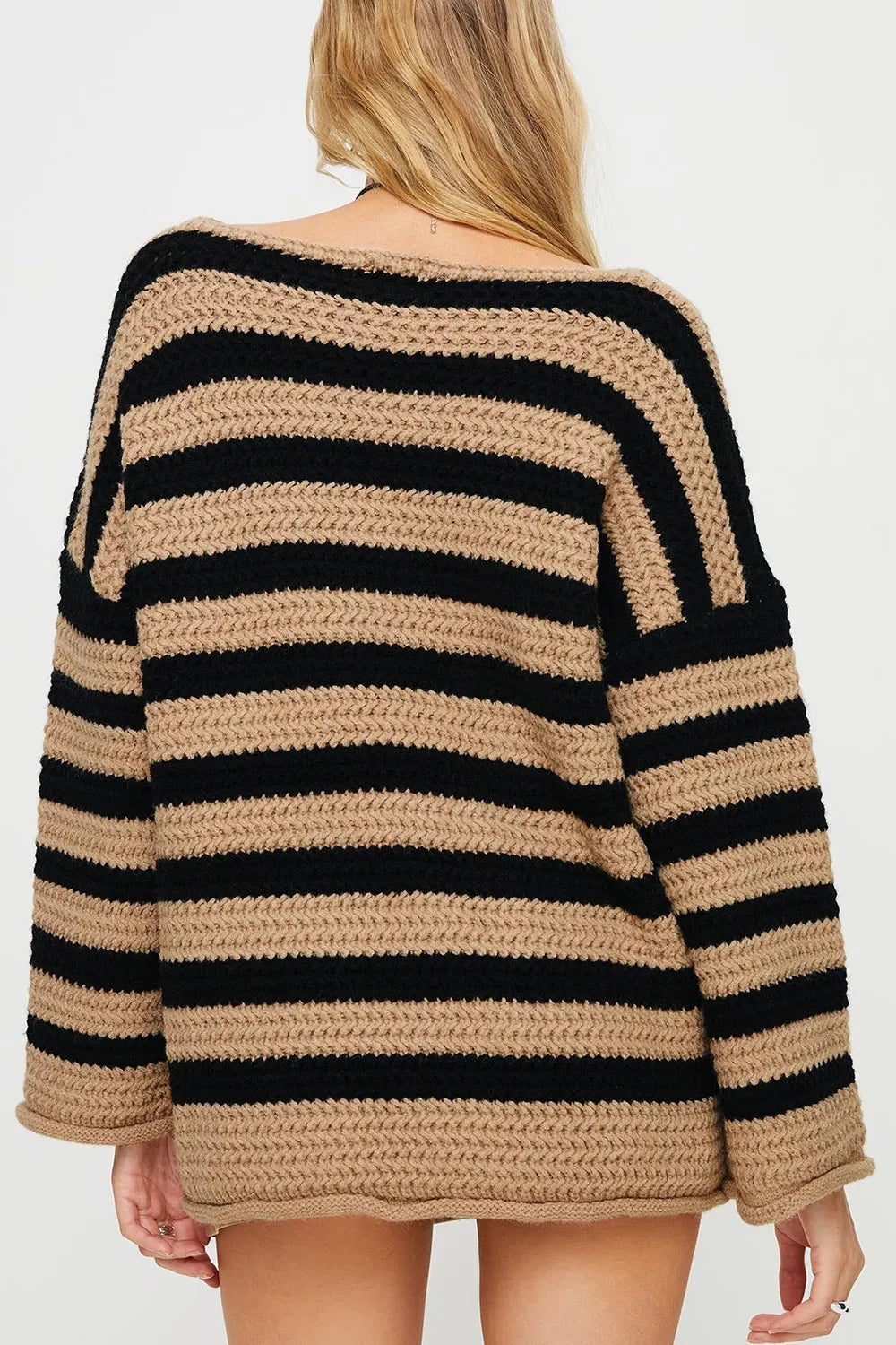 Striped Round Neck Dropped Shoulder Sweater - V.I.P Digital Presence