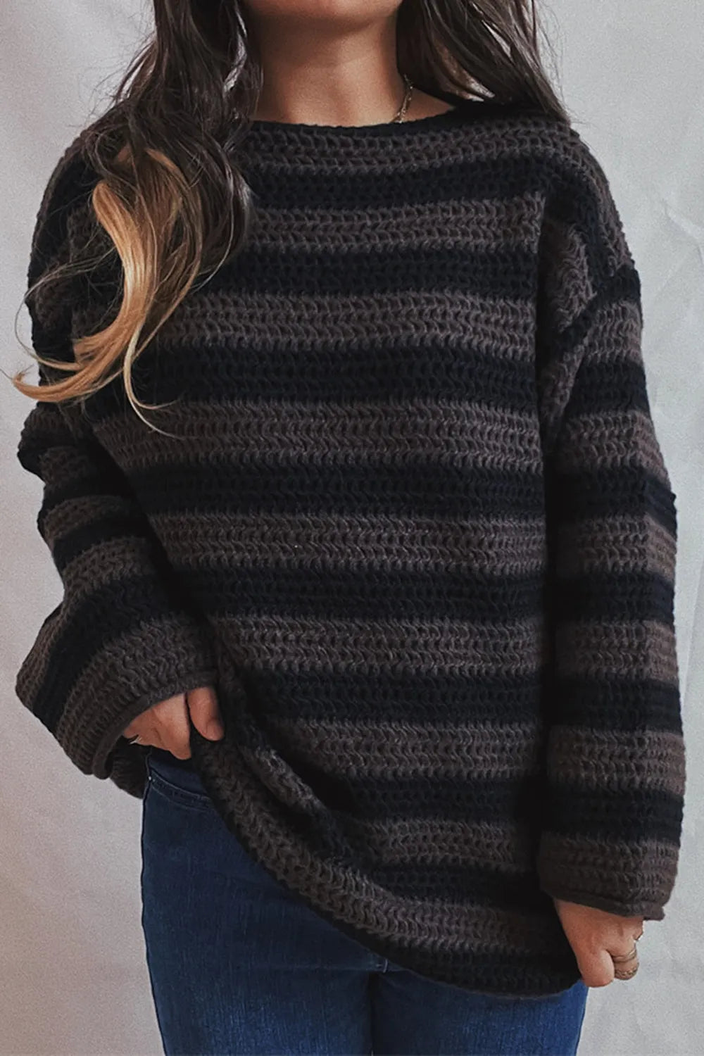 Striped Round Neck Dropped Shoulder Sweater - V.I.P Digital Presence