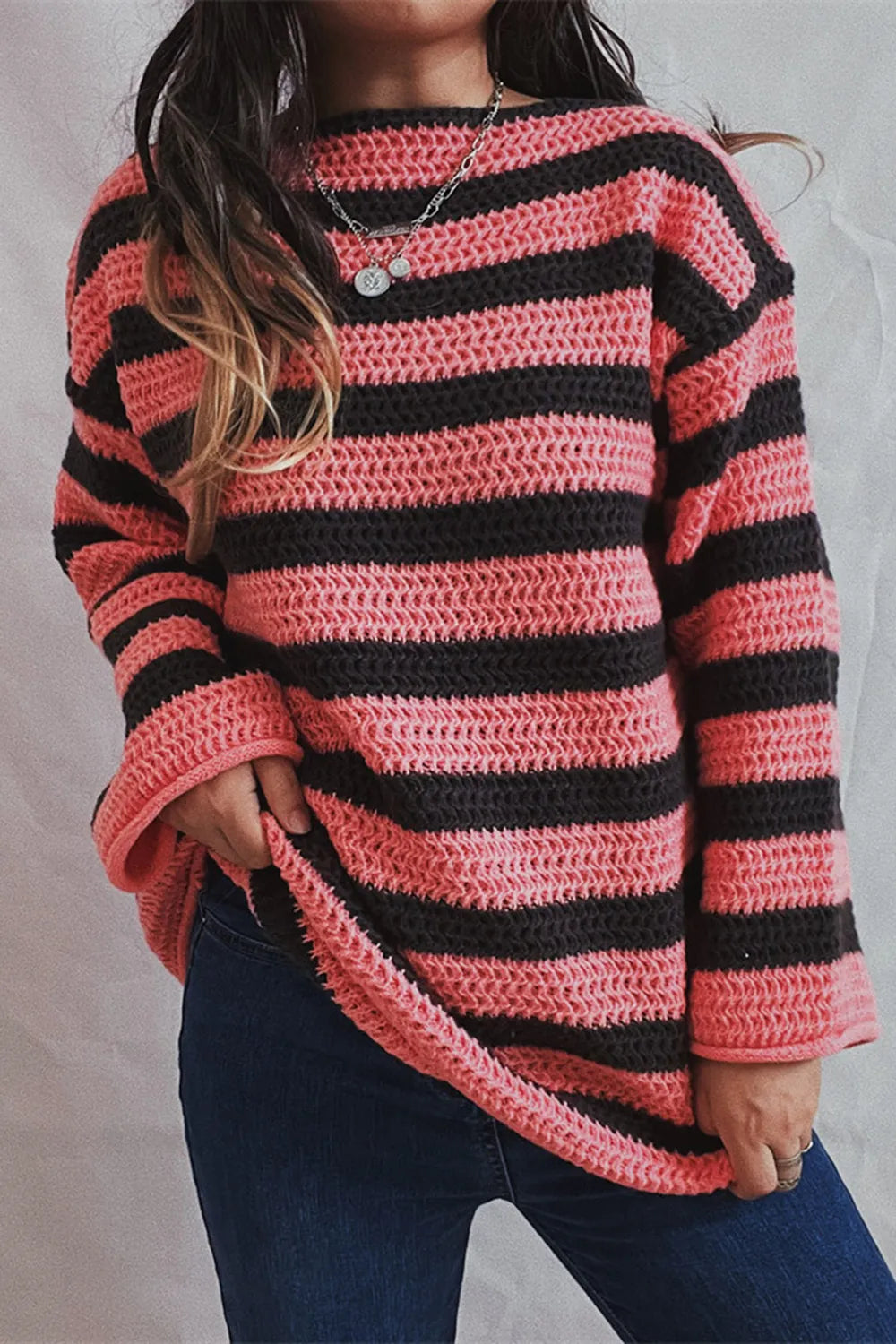 Striped Round Neck Dropped Shoulder Sweater - V.I.P Digital Presence