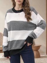 Striped Round Neck Long Sleeve Sweater - V.I.P Digital Presence