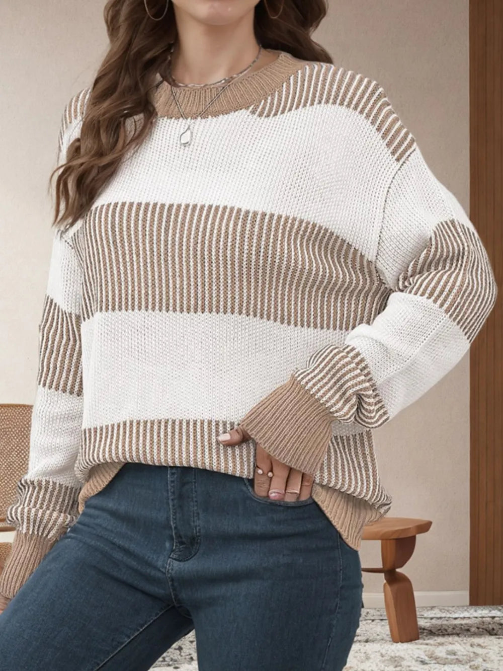 Striped Round Neck Long Sleeve Sweater - V.I.P Digital Presence