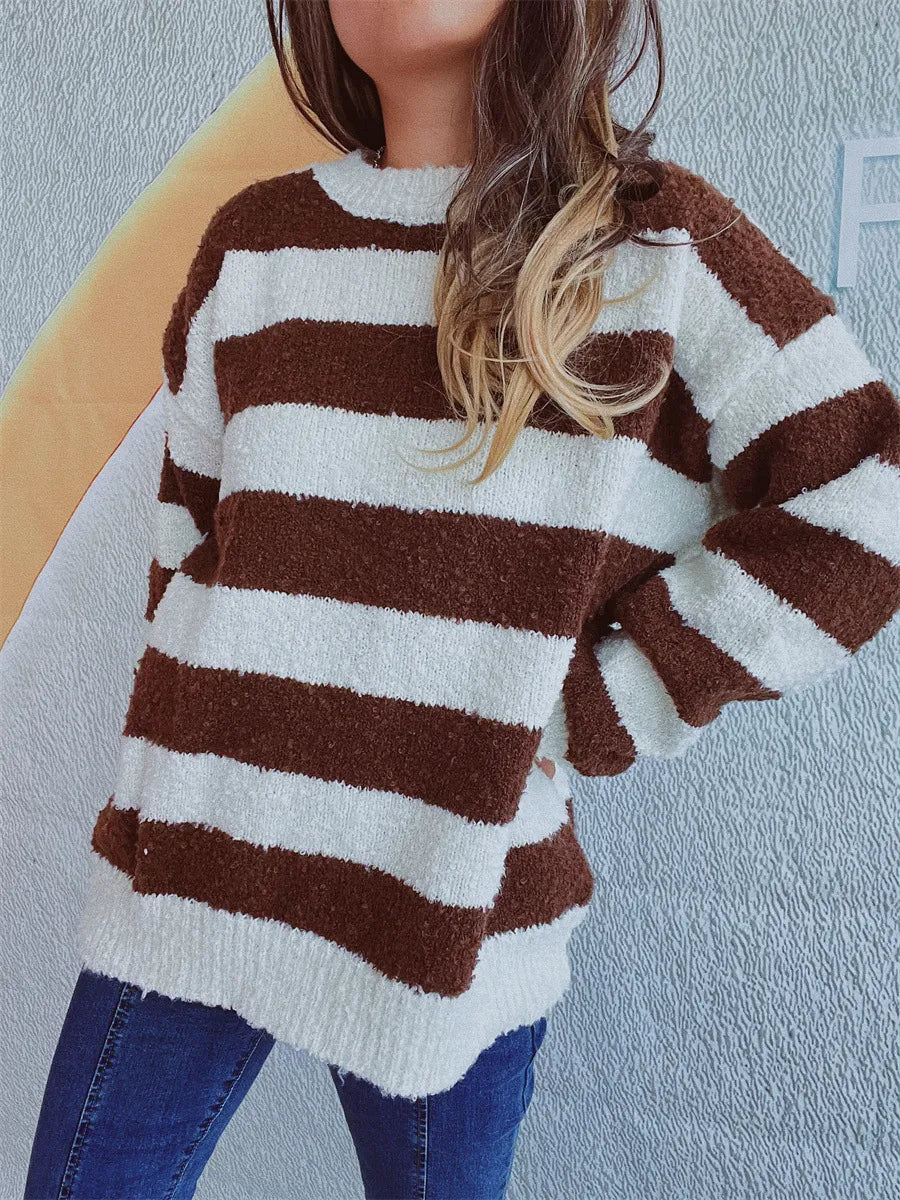 Striped Round Neck Long Sleeve Sweater - V.I.P Digital Presence