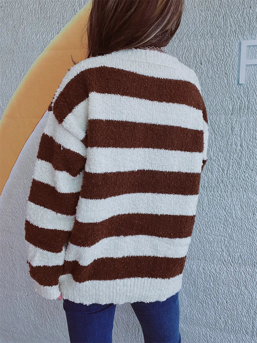 Striped Round Neck Long Sleeve Sweater - V.I.P Digital Presence
