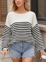 Striped Round Neck Long Sleeve Sweater - V.I.P Digital Presence
