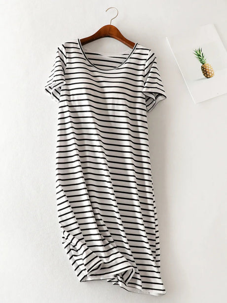 Striped Round Neck Short Sleeve Dress - V.I.P Digital Presence
