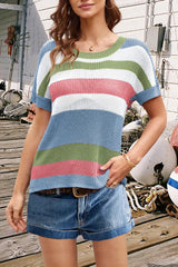 Striped Round Neck Short Sleeve Knit Top - V.I.P Digital Presence