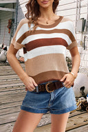 Striped Round Neck Short Sleeve Knit Top - V.I.P Digital Presence