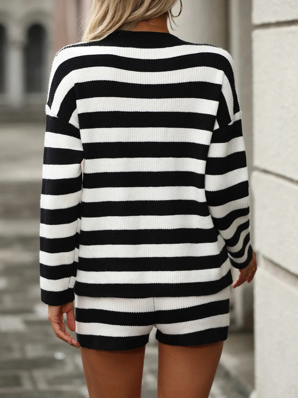 Striped Round Neck Top and Shorts Sweater Set - V.I.P Digital Presence