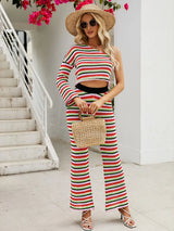 Striped Single Shoulder Top and Pants Knit Set - V.I.P Digital Presence