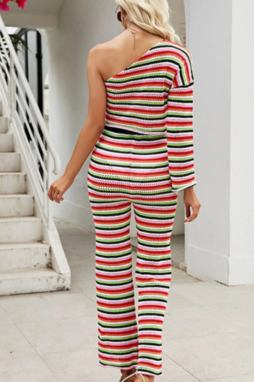 Striped Single Shoulder Top and Pants Knit Set - V.I.P Digital Presence