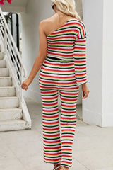 Striped Single Shoulder Top and Pants Knit Set - V.I.P Digital Presence