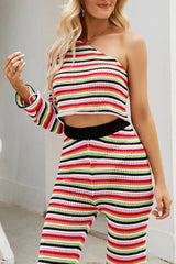 Striped Single Shoulder Top and Pants Knit Set - V.I.P Digital Presence