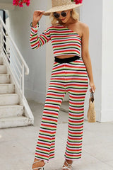 Striped Single Shoulder Top and Pants Knit Set - V.I.P Digital Presence
