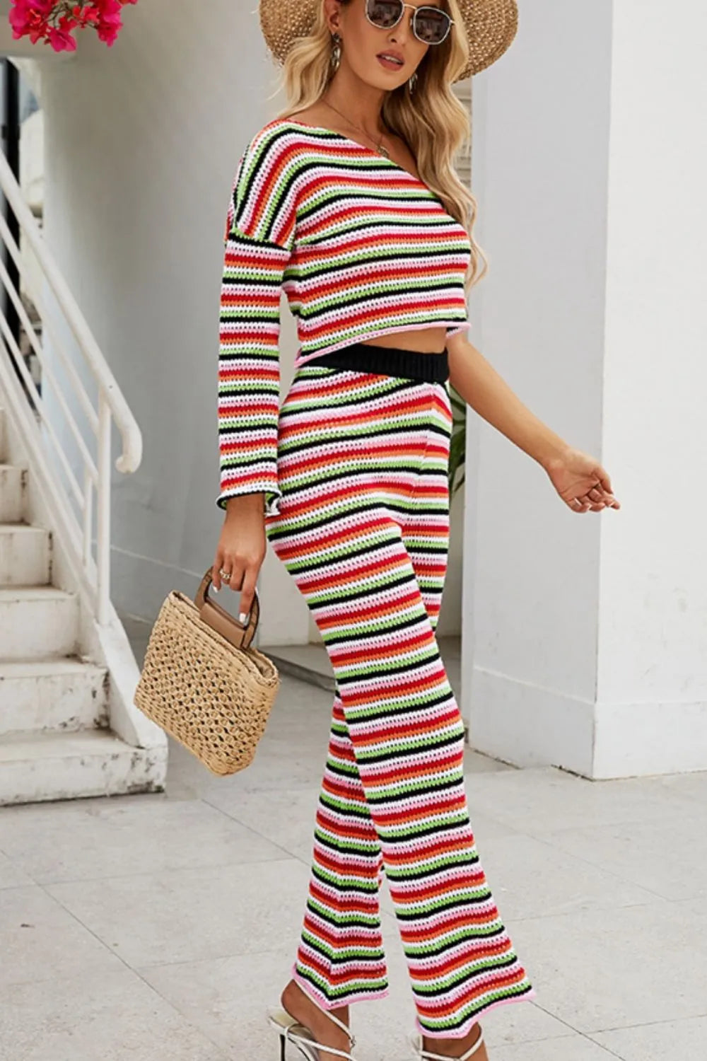 Striped Single Shoulder Top and Pants Knit Set - V.I.P Digital Presence