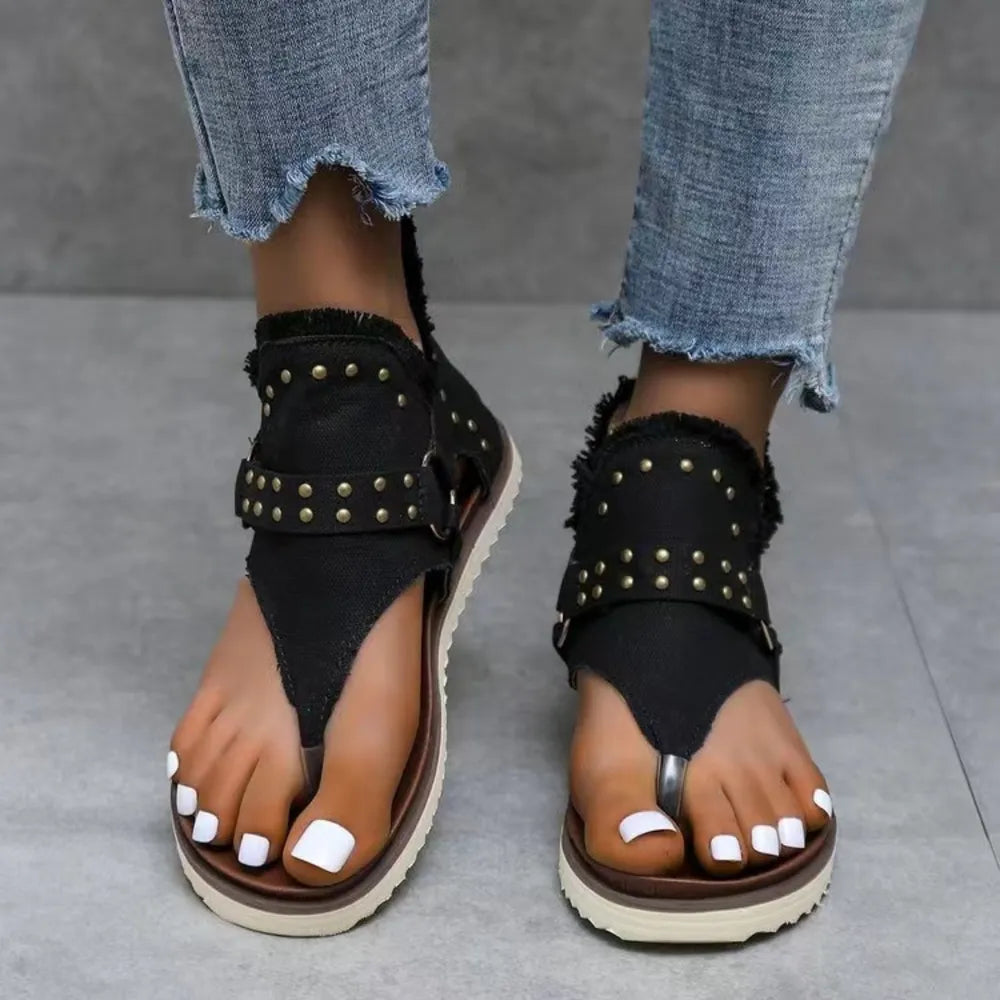 Studded Raw Hem Flat Sandals - V.I.P Digital Presence