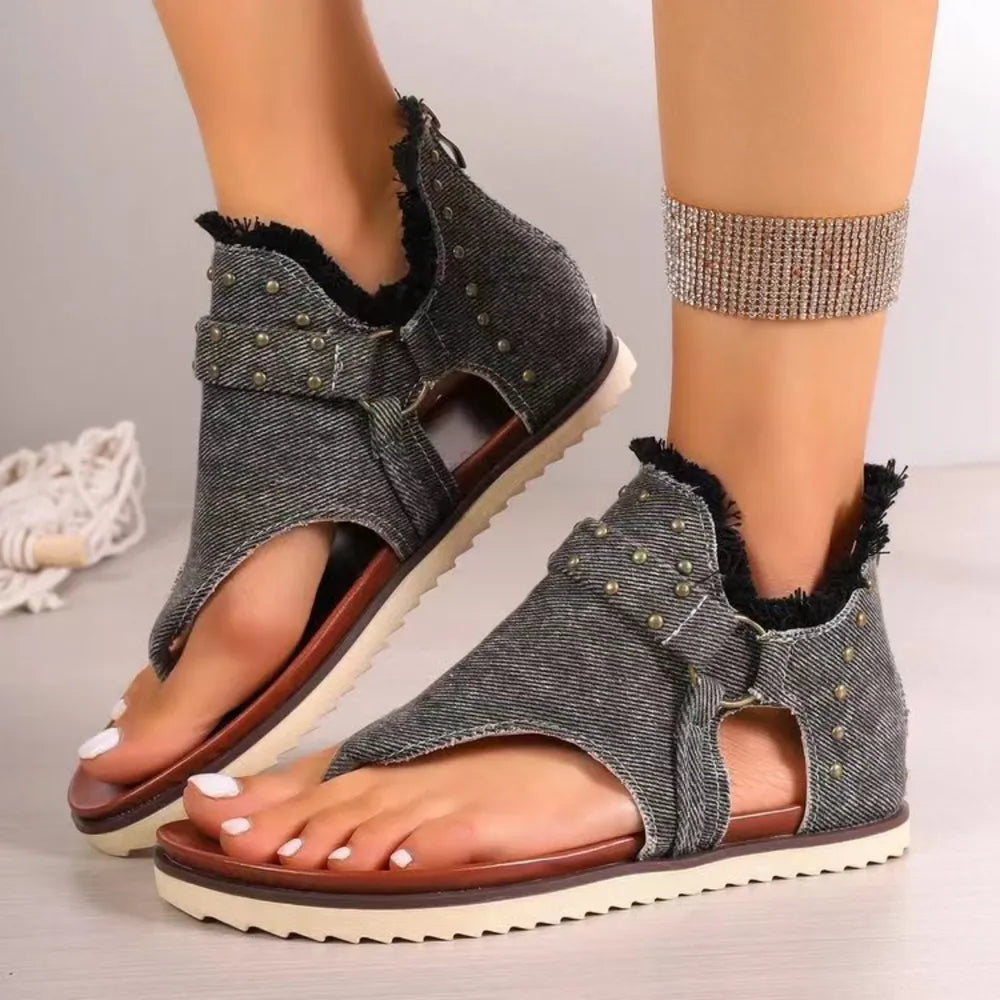 Studded Raw Hem Flat Sandals - V.I.P Digital Presence