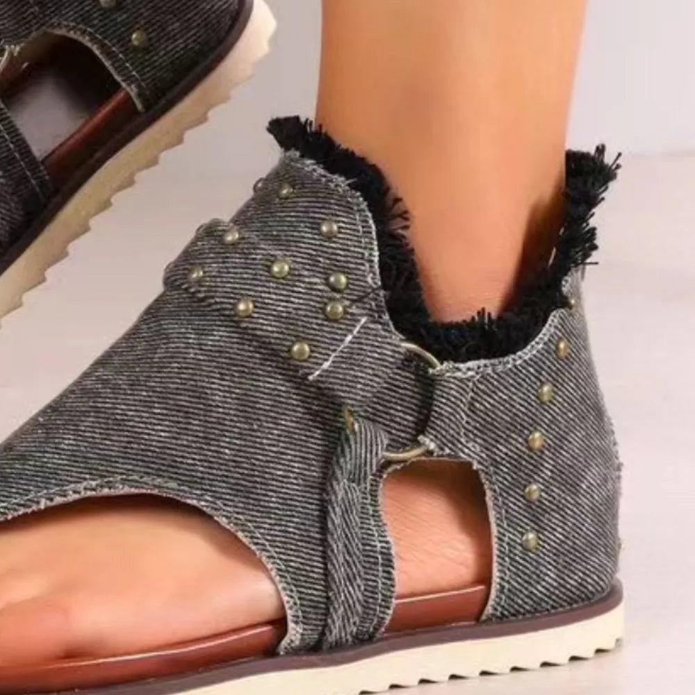 Studded Raw Hem Flat Sandals - V.I.P Digital Presence