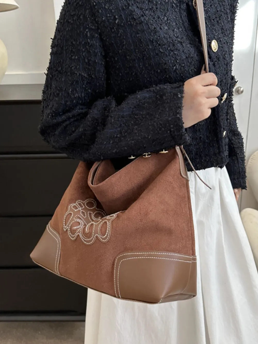 Suede Patch Adjustable Strap Tote Bag - V.I.P Digital Presence