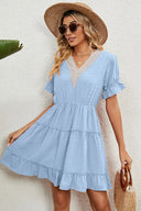 Summer Jacquard Hairball V-neck Loose Solid Color Elastic Waist Dress for Women - V.I.P Digital Presence