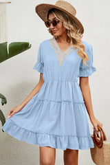 Summer Jacquard Hairball V-neck Loose Solid Color Elastic Waist Dress for Women - V.I.P Digital Presence
