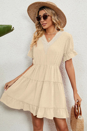 Summer Jacquard Hairball V-neck Loose Solid Color Elastic Waist Dress for Women - V.I.P Digital Presence