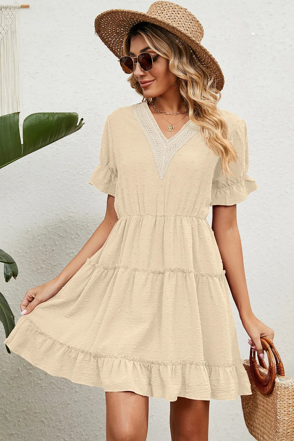 Summer Jacquard Hairball V-neck Loose Solid Color Elastic Waist Dress for Women - V.I.P Digital Presence