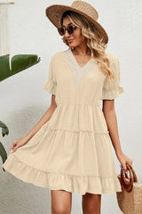 Summer Jacquard Hairball V-neck Loose Solid Color Elastic Waist Dress for Women - V.I.P Digital Presence