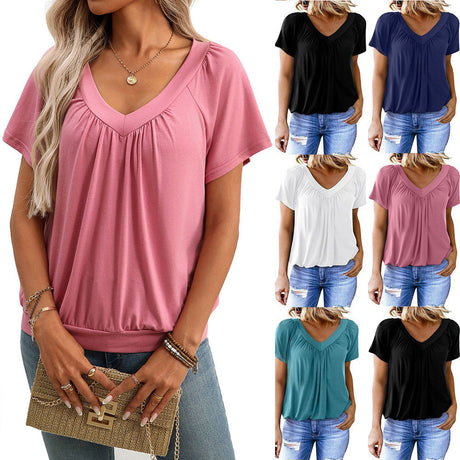 Summer women's new V-neck pleated loose short sleeved T-shirt for women - V.I.P Digital Presence
