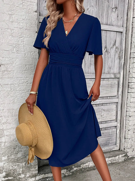 Surplice Flutter Sleeve Midi Dress - V.I.P Digital Presence