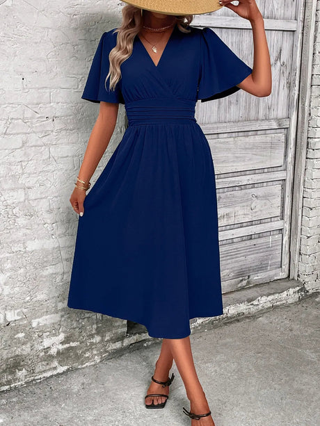 Surplice Flutter Sleeve Midi Dress - V.I.P Digital Presence