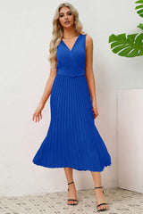 Surplice Sleeveless Midi Pleated Dress - V.I.P Digital Presence