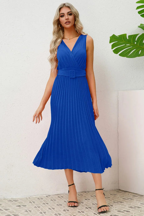 Surplice Sleeveless Midi Pleated Dress - V.I.P Digital Presence