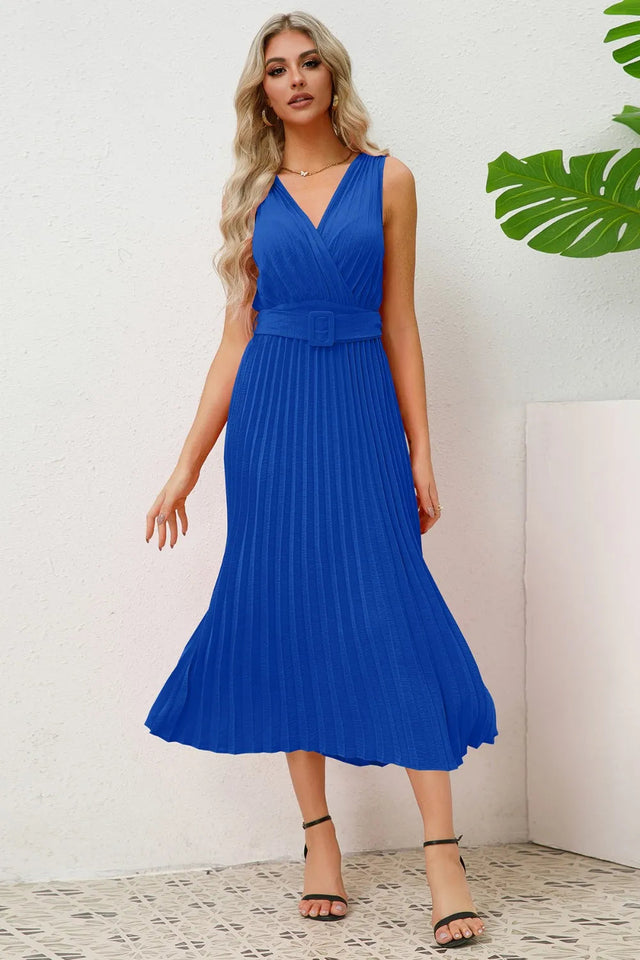 Surplice Sleeveless Midi Pleated Dress - V.I.P Digital Presence