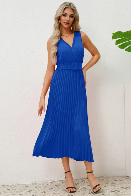 Surplice Sleeveless Midi Pleated Dress - V.I.P Digital Presence
