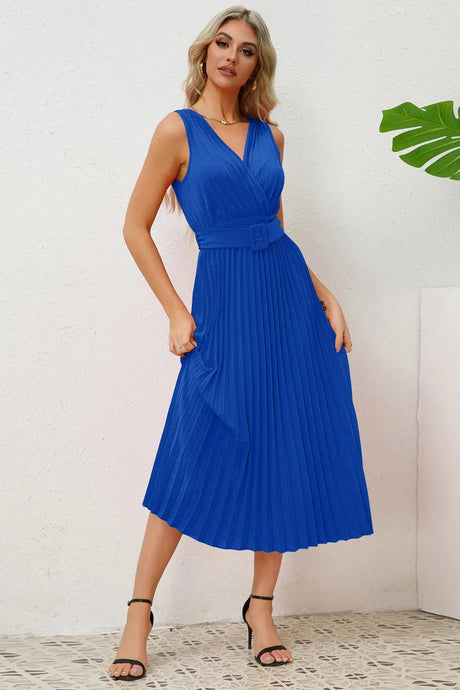 Surplice Sleeveless Midi Pleated Dress - V.I.P Digital Presence