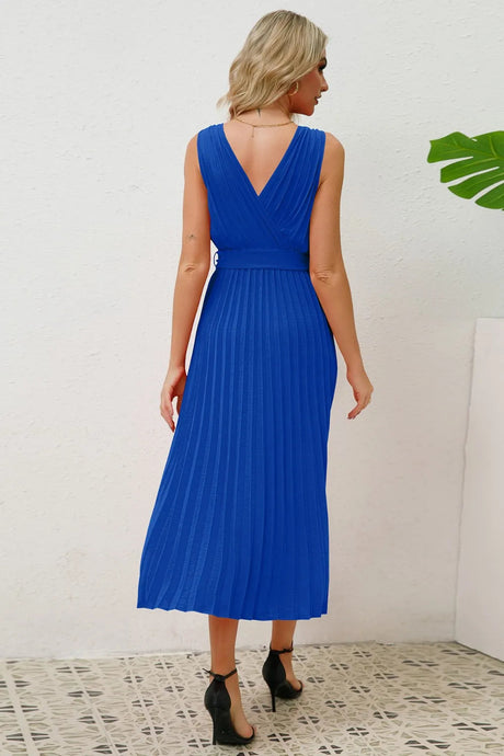 Surplice Sleeveless Midi Pleated Dress - V.I.P Digital Presence
